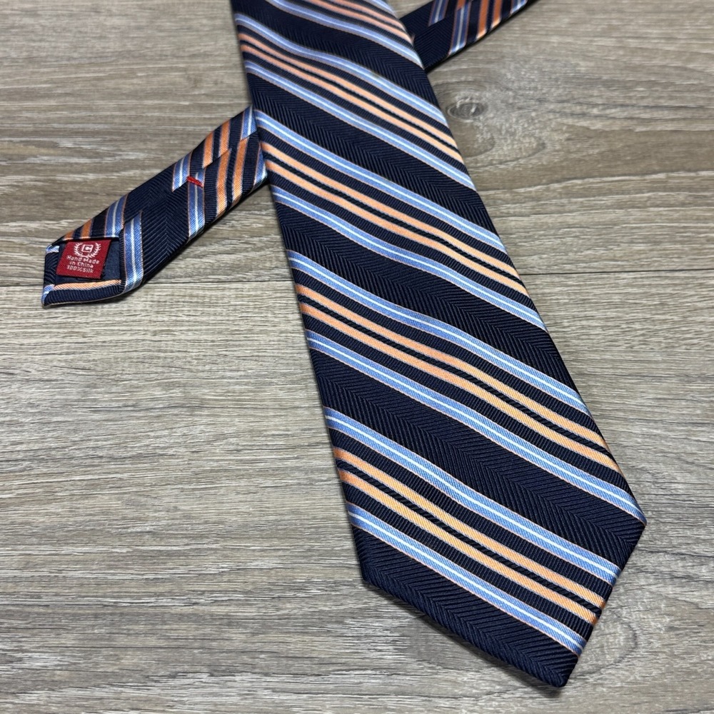 Chaps Handmade Luxury 100% Silk Neck Tie Blue Orange Herringbone Weave Pattern‎